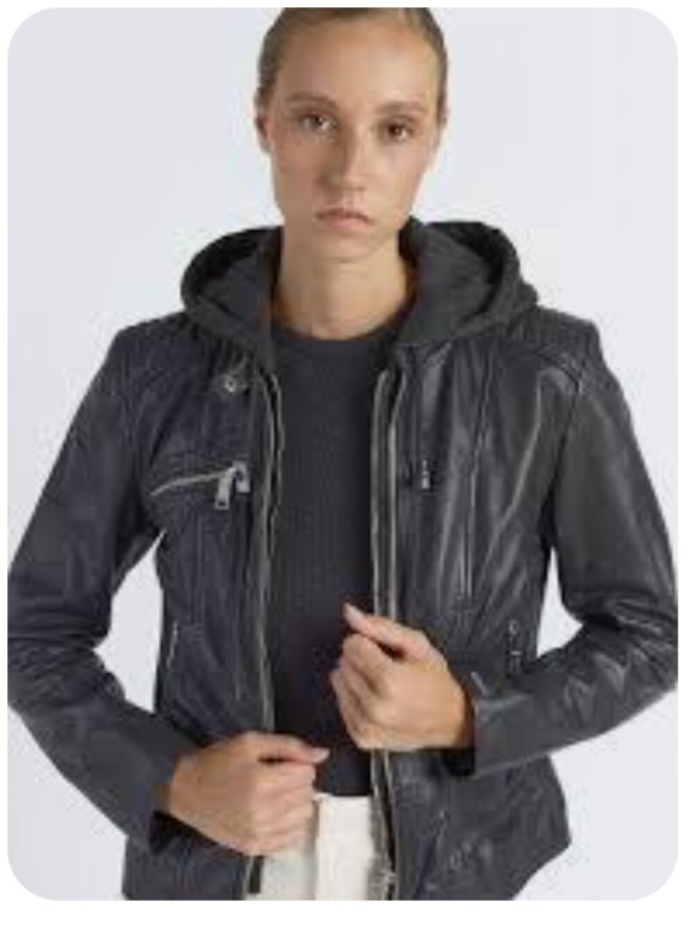Bod & Christensen Premium Label Leather Moto Jacket with Hooded Dickie - Picture 2 of 10